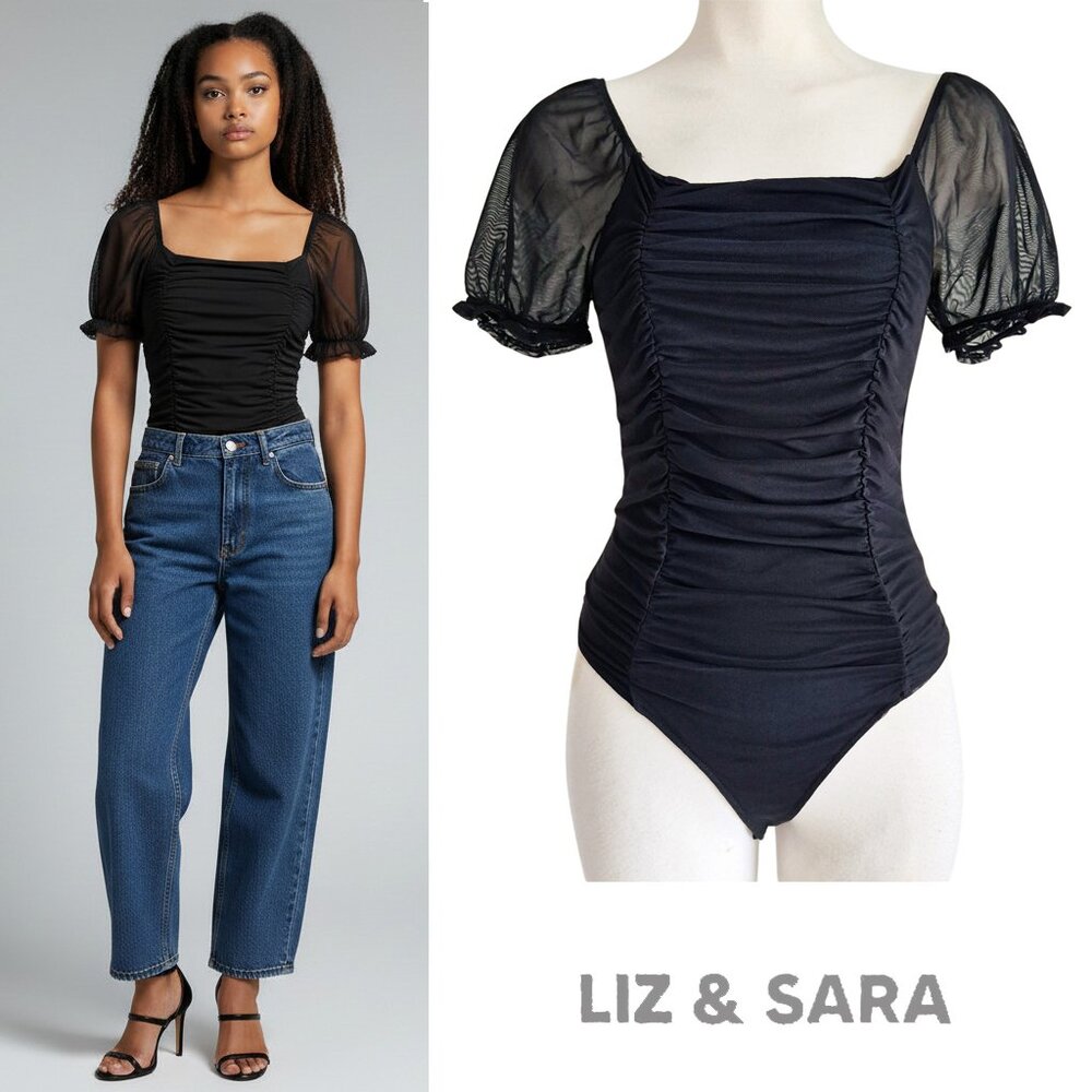 Liz & Sara Gothy Puffed Sleeve Semi Transparent Ruched Mesh Lined Bodysuit S